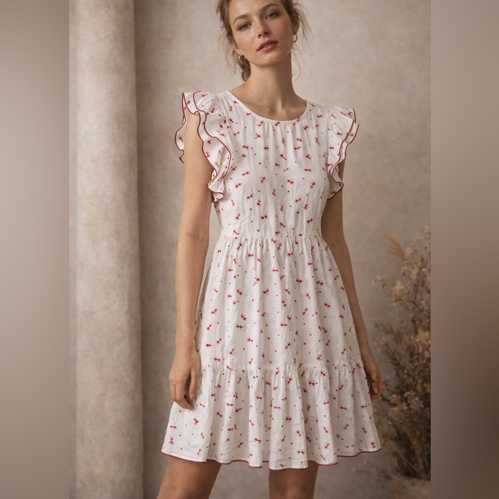 Compania Fantastica White Red Ruffle Sleeveless Whimsy Ant Print Mini Dress Lrg